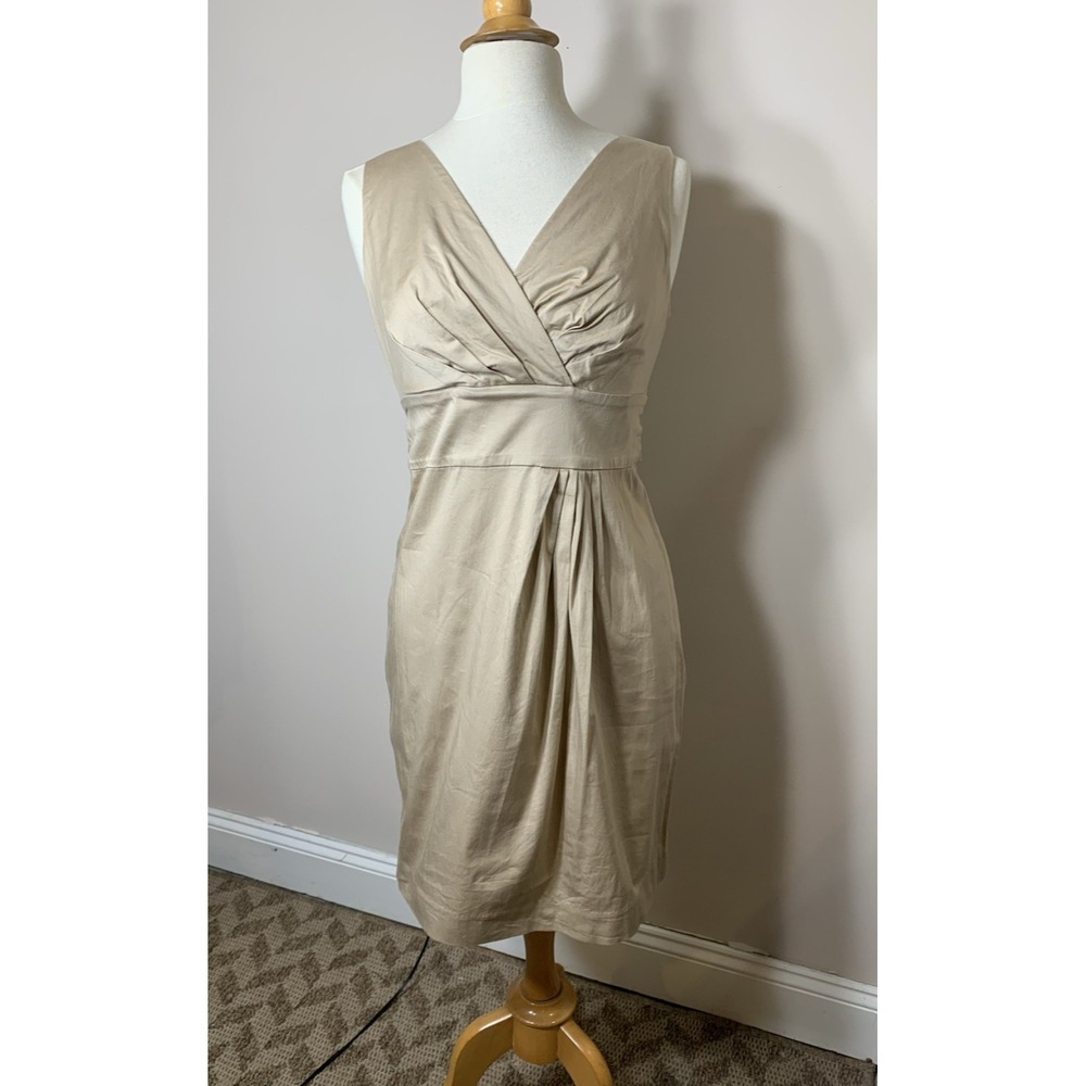 Talbots Sundress Womens Petite 8 Khaki Cotton Stretch‎ Neutral Bow V-Neck